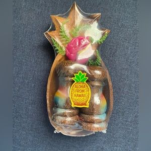 Hawaiian souvenir salt and pepper shakers with wooden pineapple tray